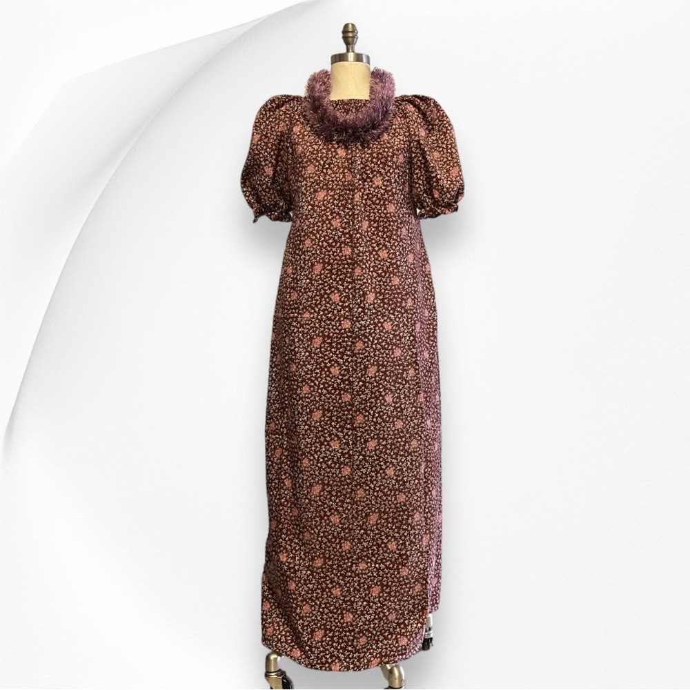 Vintage Hawaiian Muumuu Maxi Dress Cottagecore Ditsy Florals Brown Size Medium
